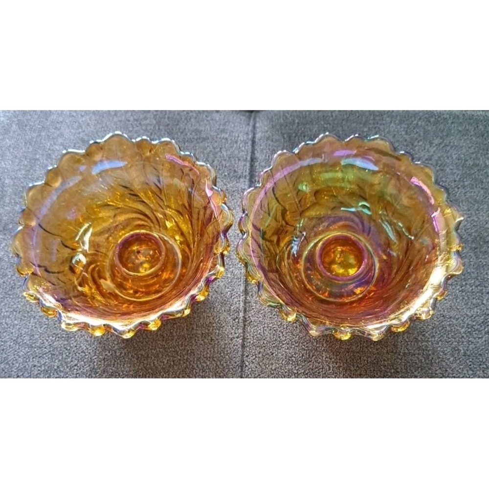Vtg Indiana Carnival Glass Marigold Iridescent Wild Rose Set Of 2 Candleholders
